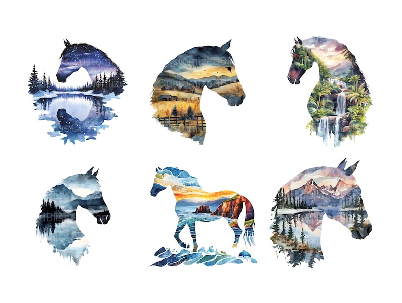 Puede incluir: Seis acuarelas de caballos con paisajes dentro de sus siluetas. Los paisajes son variados e incluyen monta&ntilde;as, bosques, cascadas y cielos. Los caballos son todos siluetas negras.
