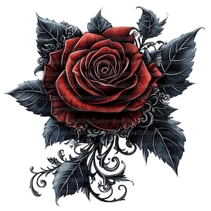 May include: A single red rose with dark green leaves and intricate black and silver scrollwork.