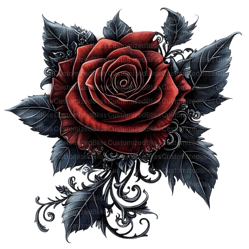 May include: A single red rose with dark green leaves and intricate black and silver scrollwork.