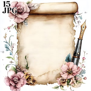 15 cliparts vintage parchemin, vieux papiers floraux, papier parchemin vierge, JPG de haute qualité, clipart aquarelle, téléchargement numérique, créations en papier