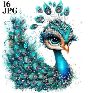 May include: A whimsical illustration of a peacock with large, sparkling eyes. The peacock's feathers are adorned with turquoise and purple jewels, and its body is covered in gold glitter.
