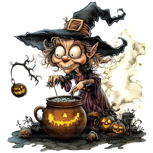 May include: A cartoon witch with green hair and a pointed hat stirs a cauldron with a wooden spoon. The cauldron is filled with green liquid and is surrounded by jack-o'-lanterns and other Halloween decorations.