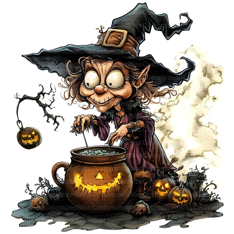 May include: A cartoon witch with green hair and a pointed hat stirs a cauldron with a wooden spoon. The cauldron is filled with green liquid and is surrounded by jack-o'-lanterns and other Halloween decorations.