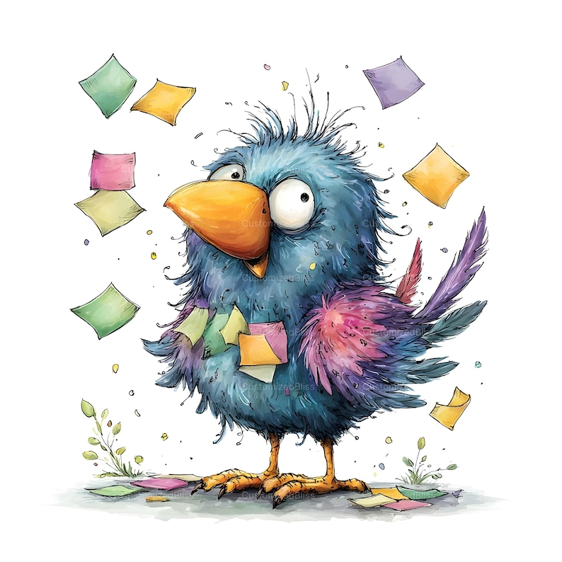 Op de afbeelding: Een pluizige blauwe vogel met een grote oranje snavel en grote ogen, omringd door zwevende kleurrijke vierkante briefjes. De vogel heeft warrige veren met paarse en roze accenten op de vleugels en staat te midden van verspreide papiersnippers.