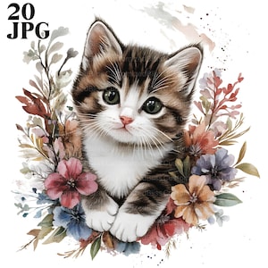 20 Blumen Katzen Clipart, Katze Kätzchen Clipart, süße Katze, hochwertige JPGs, Aquarell Clipart, Junk Journal, digitaler Download, Papierwesen