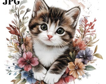 20 blommiga katter clipart, katt kattunge clipart, söt katt, högkvalitativa JPG-bilder, akvarell clipart, skräpjournal, digital nedladdning, pappershantverk