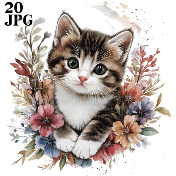 20 Floral Cats Clipart, Cat Kitten Clipart, Cute Cat, High Quality JPGs, Watercolor Clipart, Junk Journal, Digital Download, Paper Craft
