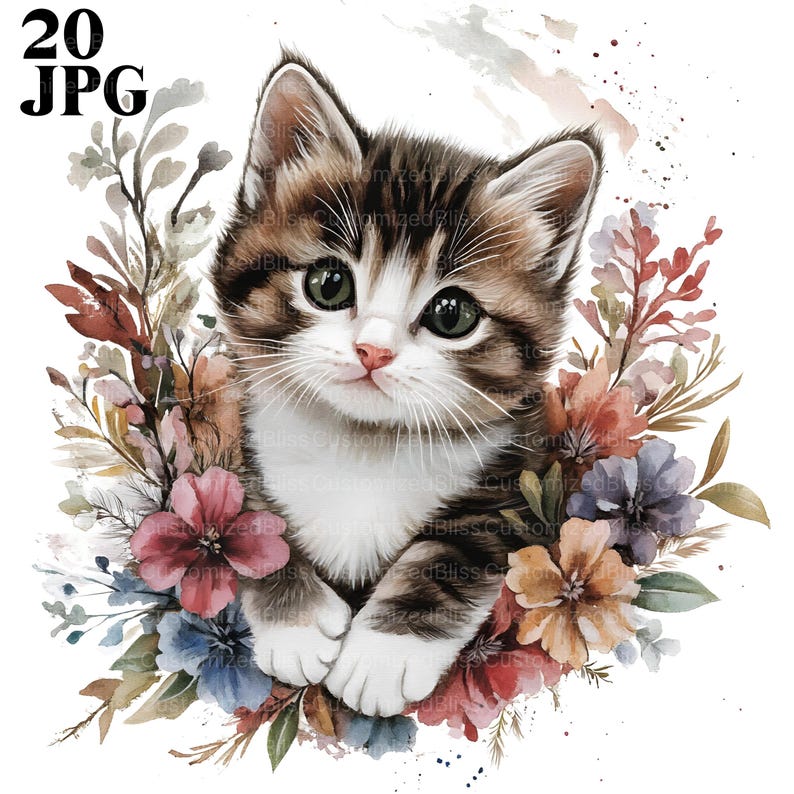 Pu&ograve; includere: Un'illustrazione ad acquerello di un gattino con pelo marrone e bianco, occhi verdi e naso rosa, circondato da fiori e foglie colorate. L'immagine ha il testo "20 JPG" nell'angolo in alto a sinistra.