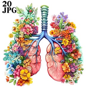 20 cliparts poumons floraux, dessins botaniques, artisanat du poumon, art botanique des poumons, anatomie florale, clipart médical, journal JPG de haute qualité