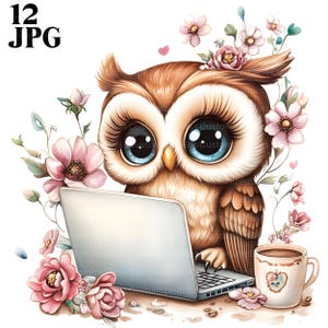 12 niedliche Eule mit Laptop und Kaffee Clipart, Eule Clipart, Laptop Clipart, hochwertige JPGs, Junk Journal, digitaler Download, Papierhandwerk