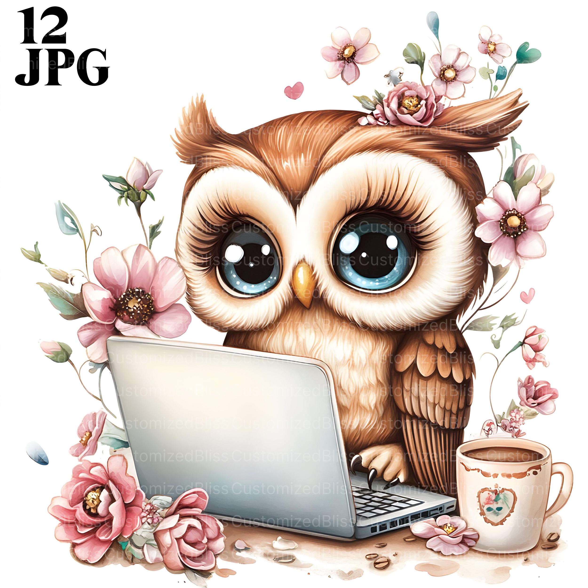 12 Cute Owl with Laptop and Coffee Clipart, Owl Clipart, Laptop Clipart, High Quality JPGs, Junk Jou