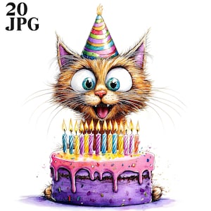 20歳の誕生日猫のクリップアート、風変わりな子猫のクリップアート、高品質JPG、水彩クリップアート、ジャンクジャーナル、デジタルダウンロード、ペーパークラフト、印刷可能