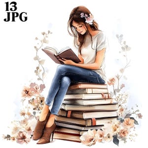 13 meisje lezing clipart, schattig schoolse meisje, boekenstapel, boekenwurm clipart, boeken clipart, hoge kwaliteit jpg's, junk Journal, digitale download