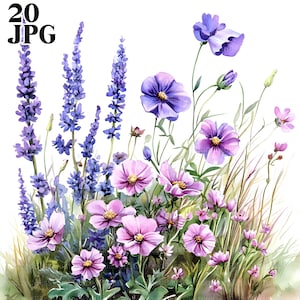 20 Purple Wildflower Flowerbed Clipart, Floral Clipart, Wildflowers Clipart, Watercolor Clipart, Clip Art, Digital Download Junk Journal JPG