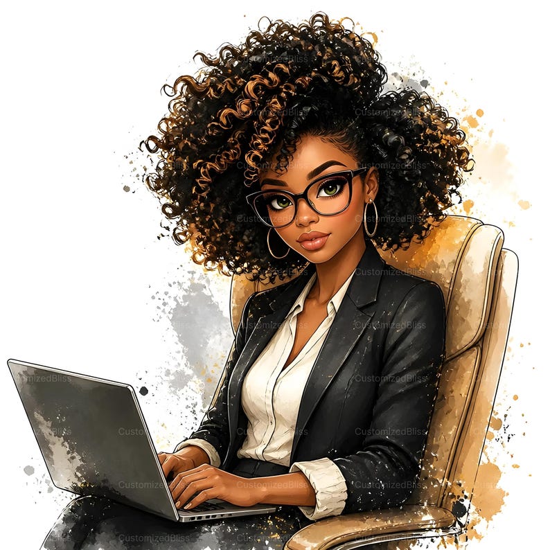 May include: Illustration of a woman with curly hair wearing glasses, a black blazer, and a white shirt, seated in a tan office chair. She is using a laptop. The background has watercolor paint splatters.