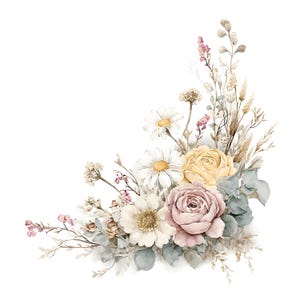 May include: A floral arrangement featuring white daisies, a pale yellow ranunculus, and a dusty pink rose. The bouquet includes sprigs of dried grasses, small pink wildflowers, and muted green eucalyptus leaves, all organized in a corner-shaped cluster.