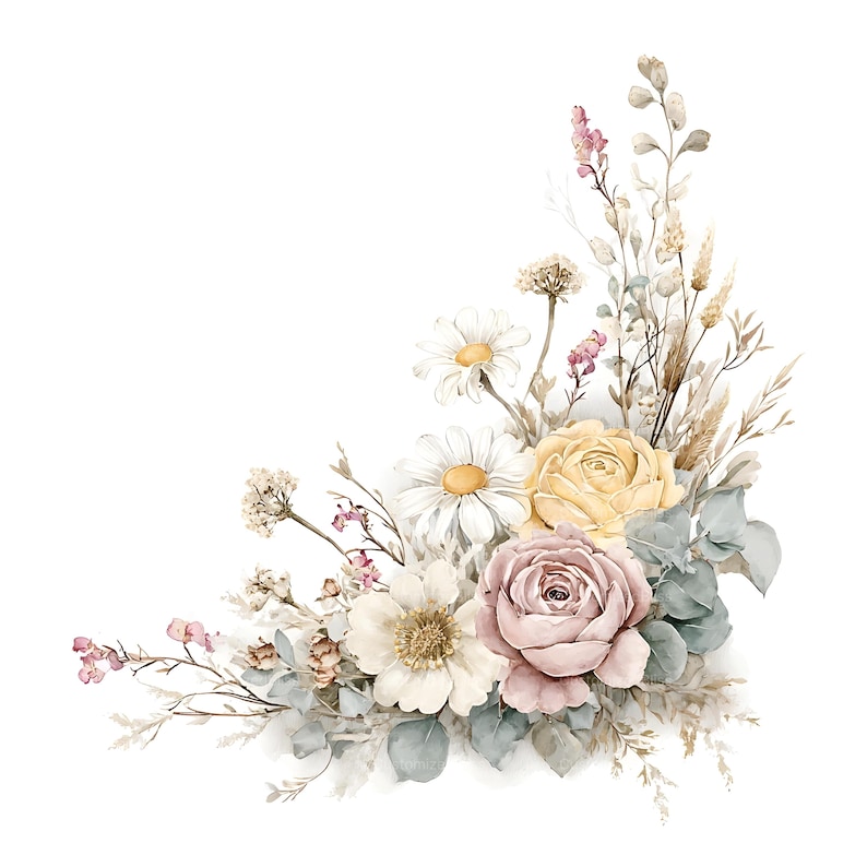 May include: A floral arrangement featuring white daisies, a pale yellow ranunculus, and a dusty pink rose. The bouquet includes sprigs of dried grasses, small pink wildflowers, and muted green eucalyptus leaves, all organized in a corner-shaped cluster.