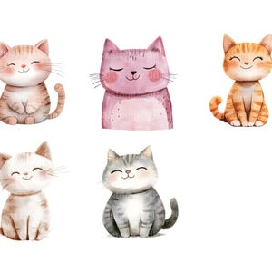 May include: Five watercolor illustrations of cats with different colored fur and expressions. The cats are all sitting and looking at the viewer.