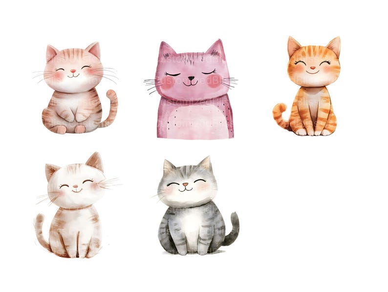 May include: Five watercolor illustrations of cats with different colored fur and expressions. The cats are all sitting and looking at the viewer.