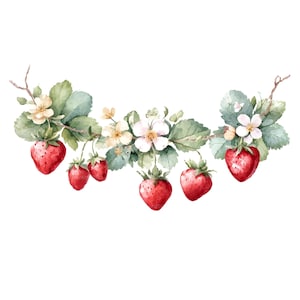 32 jordgubbar girlang clipart, fruktkant clipart, jordgubb clipart, bär clipart, jordgubbar kant clipart, blomkant, JPG
