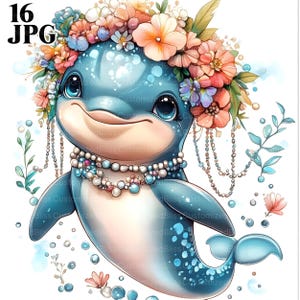 16 cliparts dauphins, couronne de fleurs et collier de perles, animal aquatique, fichiers JPG de haute qualité, journal indésirable, téléchargement numérique, créations en papier