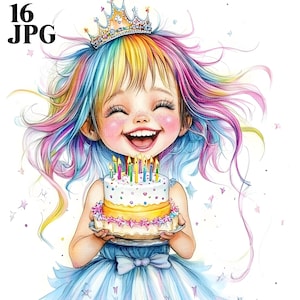 16 Clipart d'anniversaire original fille, petite fille, gâteau d'anniversaire, JPG de haute qualité, des cliparts aquarelle, Junk Journal, téléchargement numérique, créations en papier