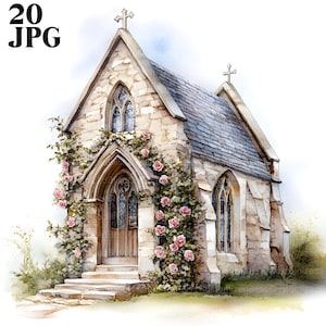 May include: A watercolor painting of a small stone church with a pointed roof and two crosses. The church is covered in climbing roses with pink flowers. The church has a wooden door and a set of stone steps leading up to it.