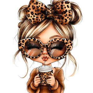 May include: A cartoon illustration of a girl with blonde hair wearing leopard print sunglasses, a leopard print headband, and a brown sweater. She is holding a leopard print coffee cup with a straw.