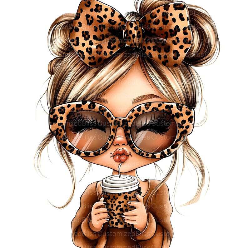 May include: A cartoon illustration of a girl with blonde hair wearing leopard print sunglasses, a leopard print headband, and a brown sweater. She is holding a leopard print coffee cup with a straw.