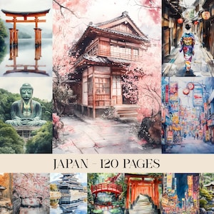 Pagine di viaggio in Giappone, tema giapponese, giardini zen, immagini di viaggio, fiori di ciliegio, carta stampabile, scrapbooking, diario spazzatura, carta digitale