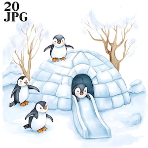 20 Watercolor Igloo Clipart, Cute Penguin Clipart, Winter Clipart, Watercolor Clipart, Junk Journal, Digital Download, Paper Craft, JPGs