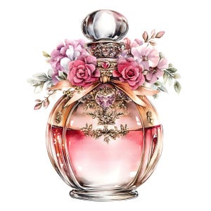May include: A vintage-style glass perfume bottle with a gold-colored top and a pink liquid inside. The bottle is decorated with floral details and a pink ribbon. The bottle is surrounded by pink and white flowers.