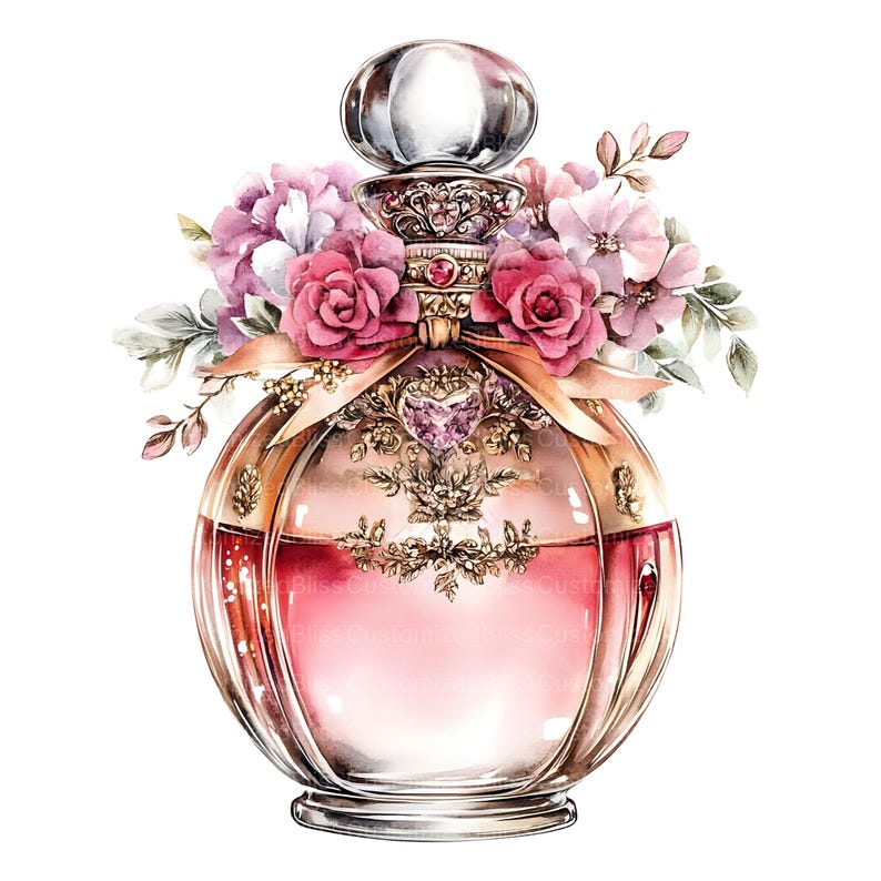 May include: A vintage-style glass perfume bottle with a gold-colored top and a pink liquid inside. The bottle is decorated with floral details and a pink ribbon. The bottle is surrounded by pink and white flowers.