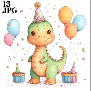 Niedliches Geburtstags Dinosaurier Clipart Bundle, Dino Clipart, Geburtstag Clipart, 13 hochwertige JPGs, Junk Journal, digitaler Download, Papiermodell