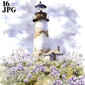 May include: Watercolor painting of a white lighthouse with a brown top and a small adjacent building. The lighthouse is surrounded by purple and white flowers and green grass. The sky is cloudy. The text "16 JPG" is in the upper left corner.
