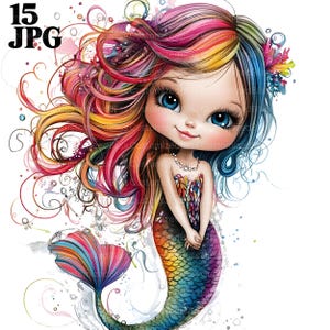 Clipart sirène original, sirène lunatique, usage commercial, éphémères fantaisistes, clipart aquarelle, journal indésirable fantastique, créations en papier
