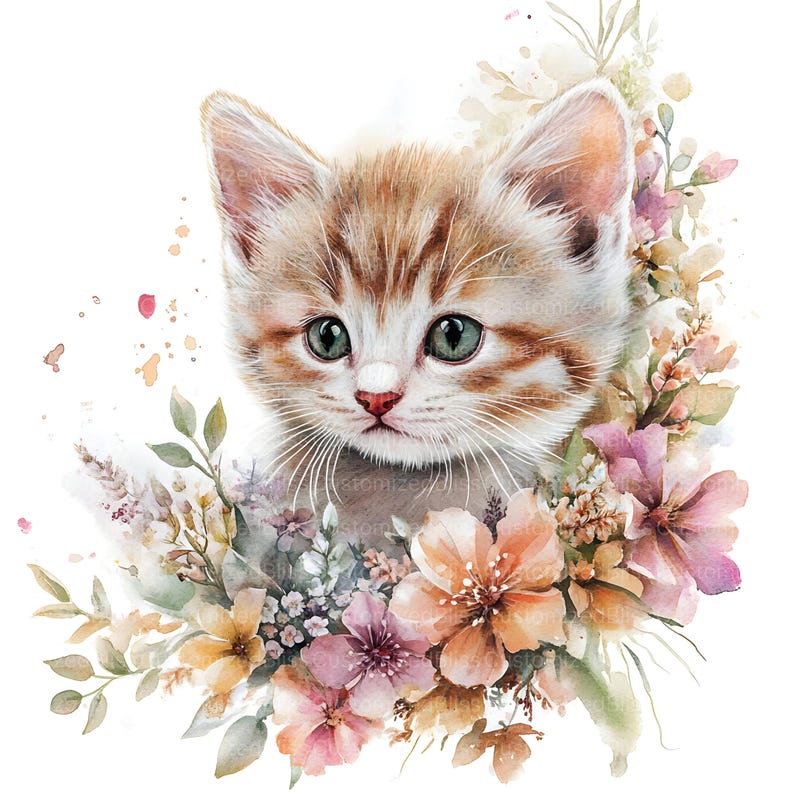 Pu&ograve; includere: Illustrazione ad acquerello di un gattino con pelo arancione e bianco, occhi verdi e naso rosa. Il gattino &egrave; circondato da una ghirlanda di fiori ad acquerello nei toni del rosa, arancione e giallo, con foglie verdi.