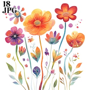 18 Abstract Colorful Flowers Clipart, Folk Art Flowers, Boho Flowers, Watercolor Clipart, Junk Journal, Digital Download, Paper Craft, JPG
