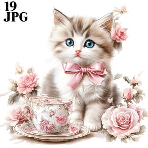 19 schattige kat, shabby chic kitten, aquarel kittens, kat clipart, kitten clipart, bloemen clipart, bloem, ongewenste dagboek, digitale download JPG