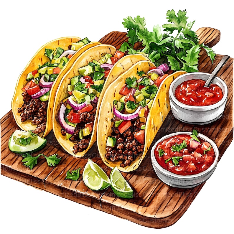 May include: Three soft tacos filled with ground beef, avocado, tomato, onion, and cilantro, served on a wooden board with two bowls of salsa and lime wedges.