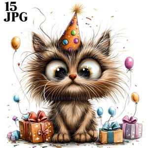 Joli chaton fêtard avec chapeau d'anniversaire, 15 fichiers JPG de haute qualité, chaton original, clipart chat, cliparts cadeaux, journal indésirable, téléchargement numérique