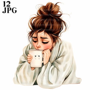 Clipart de madrugada en pijama con taza de café, niña soñolienta, 12 archivos JPG de acuarela de alta calidad, diario, álbum de recortes, descarga digital