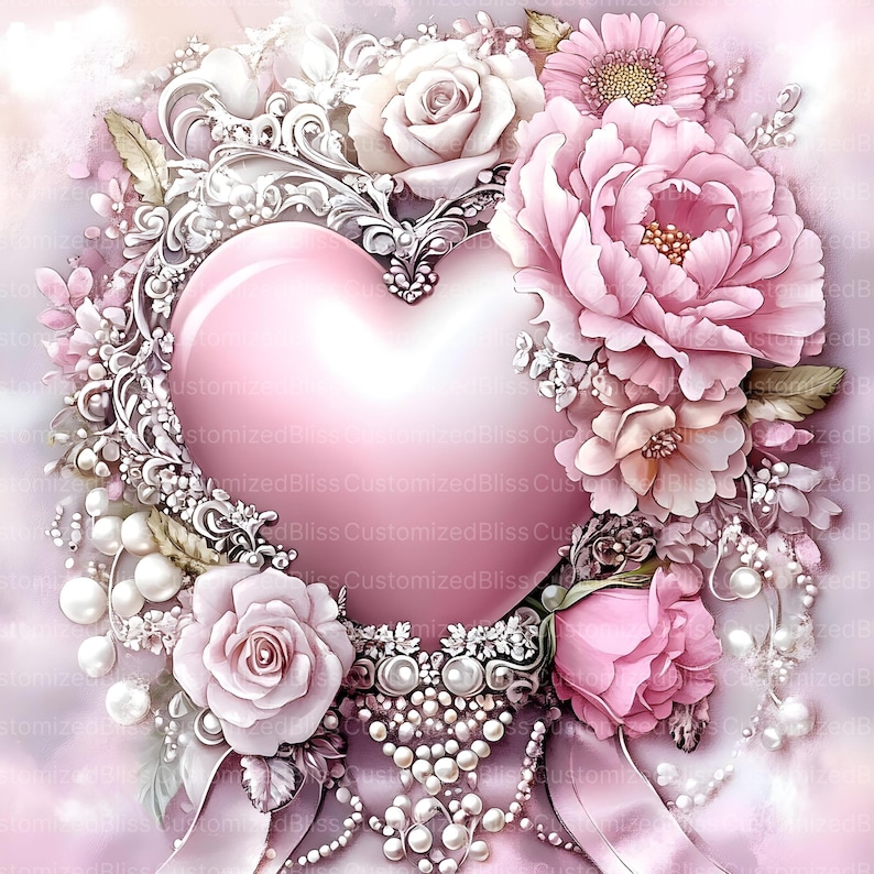 May include: A pink heart surrounded by pink and white flowers, pearls, and ornate silver-colored embellishments. The heart is surrounded by a pink ribbon.