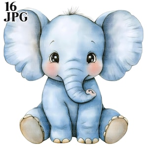 16 cartoon olifant clipart, kleine olifant, schattige olifant, hoge kwaliteit JPG, aquarel clipart, ongewenste dagboek, digitale download Paper Craft