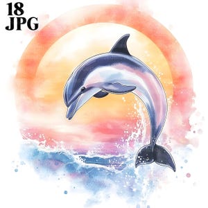 18 Sunset Dolphin Clipart, Cute Dolphin, Dolphin Images, High Quality JPGs, Watercolor Clipart, Junk Journal, Digital Download, Paper Craft