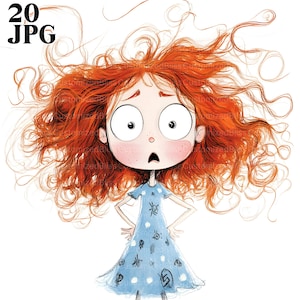 20 Clipart fille original cheveux bouclés, fille drôle de dessin animé, qualité JPG, clipart aquarelle, usage commercial, éphémères fantaisistes, téléchargement immédiat