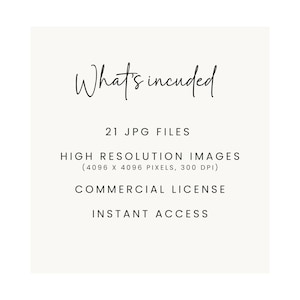 May include: A white background with black text that says "What's included" and lists the following: 21 JPG FILES, HIGH RESOLUTION IMAGES (4096 X 4096 PIXELS, 300 DPI), COMMERCIAL LICENSE, INSTANT ACCESS.