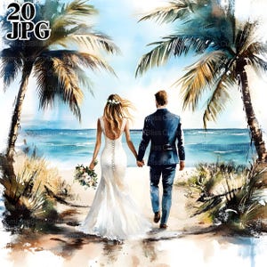 20 clipart de noivos na praia, clipart de casamento na praia, clipart em aquarela, diário de lixo, download digital, artesanato em papel, JPG para impressão
