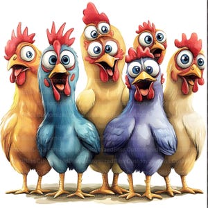 May include: A whimsical illustration of six cartoon chickens with exaggerated features. The chickens are in various colors, including yellow, blue, and purple, with large eyes and red combs. The image has a white background.