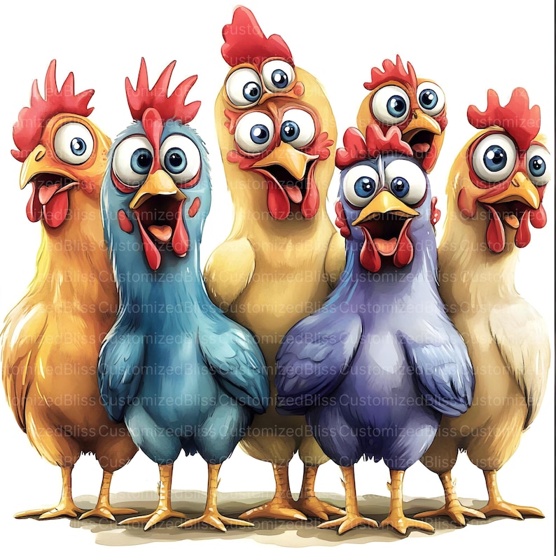 May include: A whimsical illustration of six cartoon chickens with exaggerated features. The chickens are in various colors, including yellow, blue, and purple, with large eyes and red combs. The image has a white background.